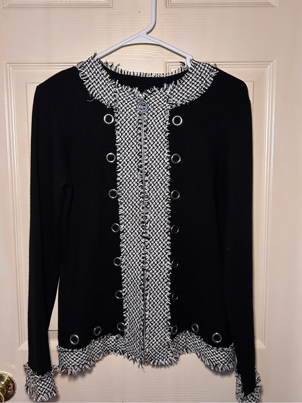 Black & White Tweed-Trim Women’s Sweater Cardigan